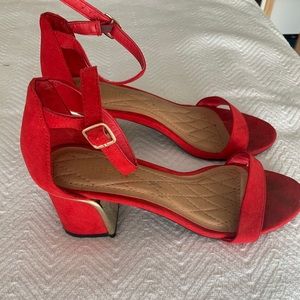 Red block heel sandal with gold accent
